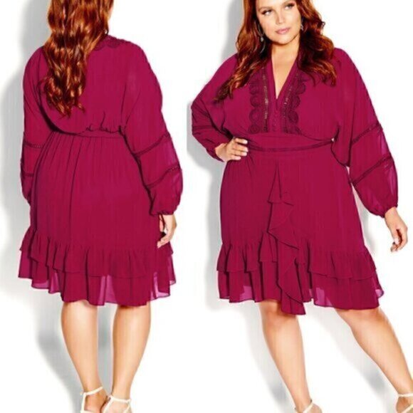 CITY CHIC Plus Size Sweetheart Dress Fuchsia Berry Crochet Lace Long Sleeve 16 - Picture 1 of 16